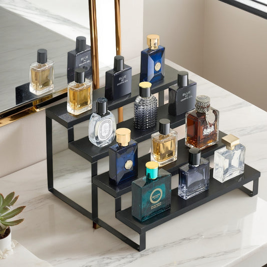 WooOrganix 12 inch 4-Tier Cologne Organizer for Men, Waterproof Wooden Perfume Stand with Non-Slip Pads, Tiered Display Riser for Perfume and Figures