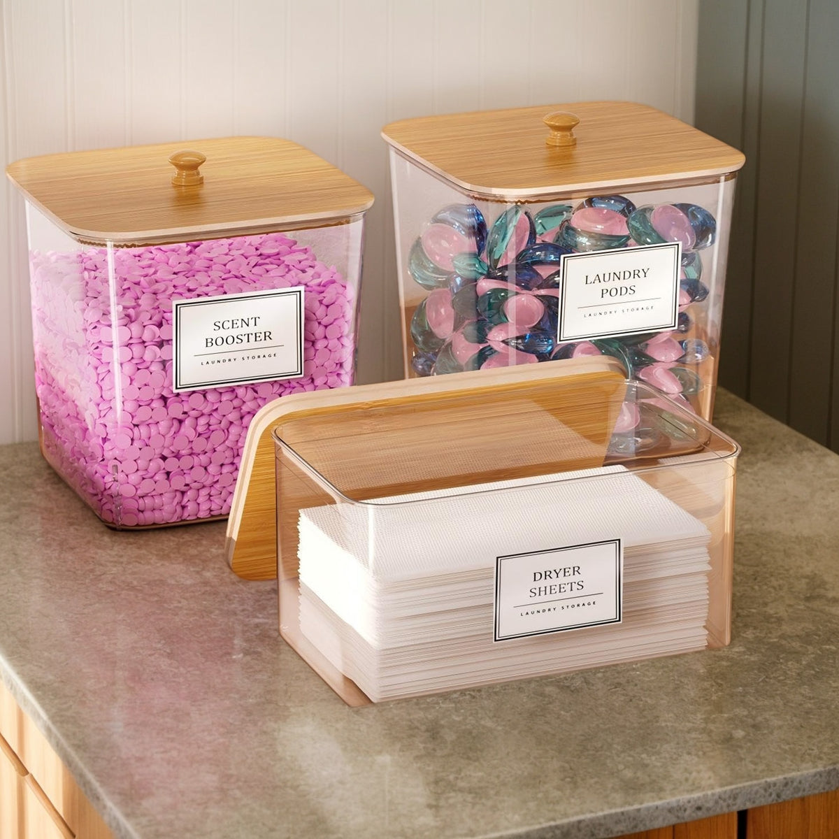 Laundry Pods Storage Container, Clear Laundry Room Organization and Storage,Detergent Powder Container,with Wooden Lids & Labels, 3+1 Pack
