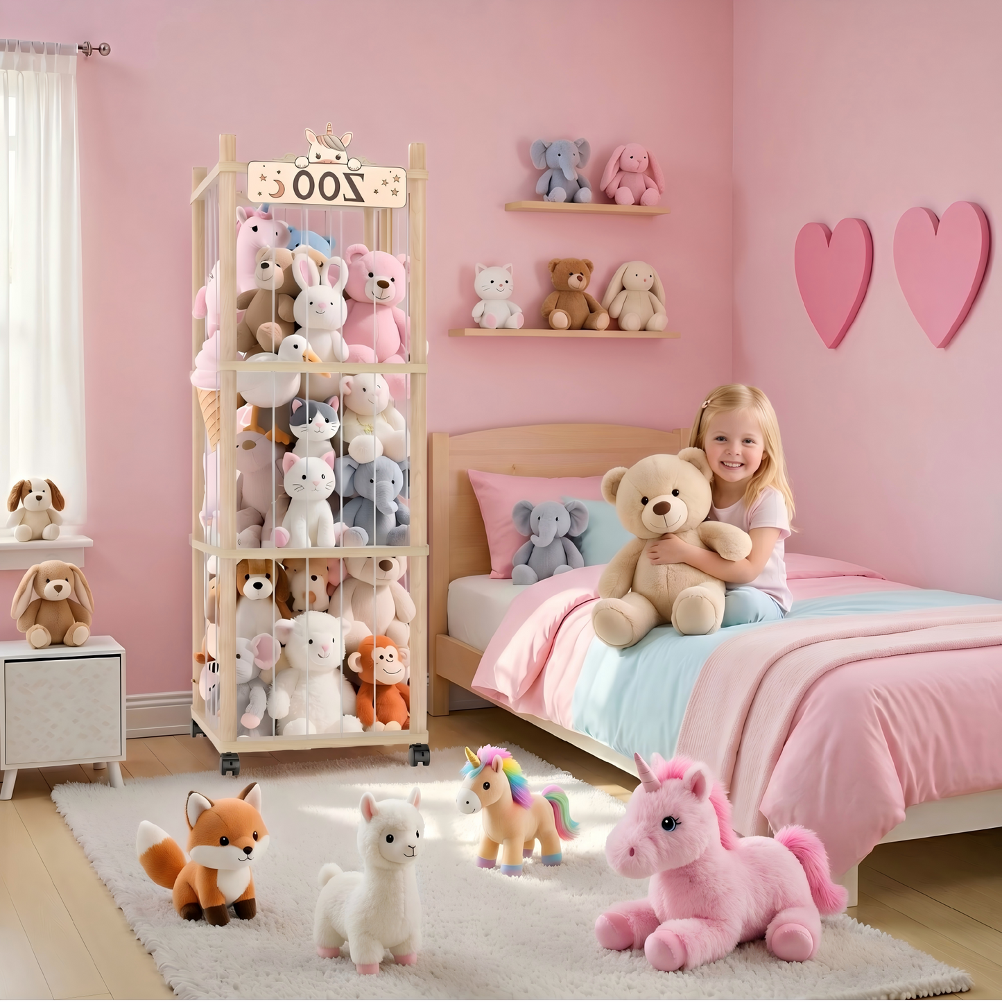 Stuffed Animal Storage Zoo Tower,56In Wooden Large Stuffed Animal Holder Organizer with Wheels,Stuffy Plushies Storage with Elastic Band&Mesh Bottom,Toy Storage Organizers for Playroom Bedroom Nursery