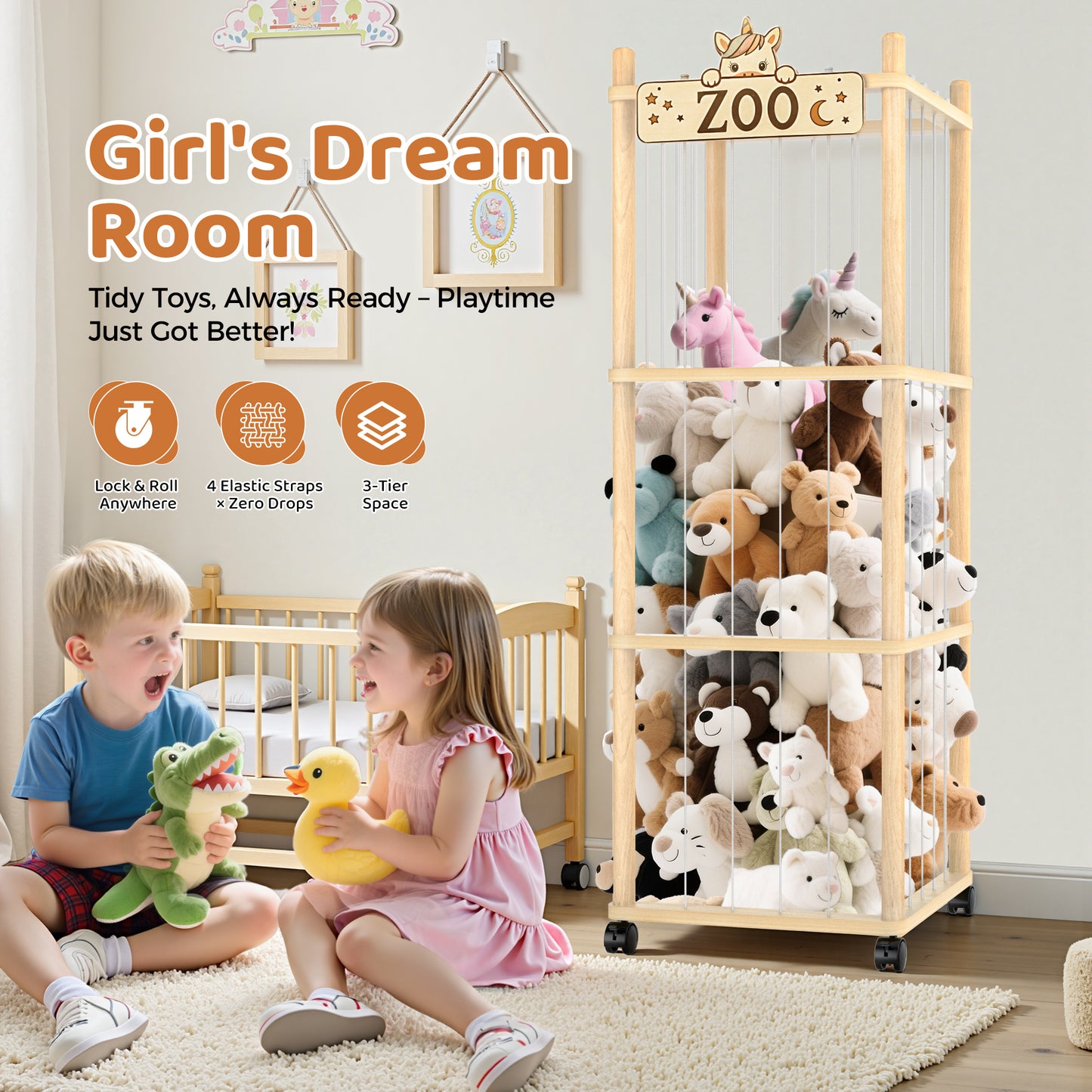 Stuffed Animal Storage Zoo Tower,56In Wooden Large Stuffed Animal Holder Organizer with Wheels,Stuffy Plushies Storage with Elastic Band&Mesh Bottom,Toy Storage Organizers for Playroom Bedroom Nursery