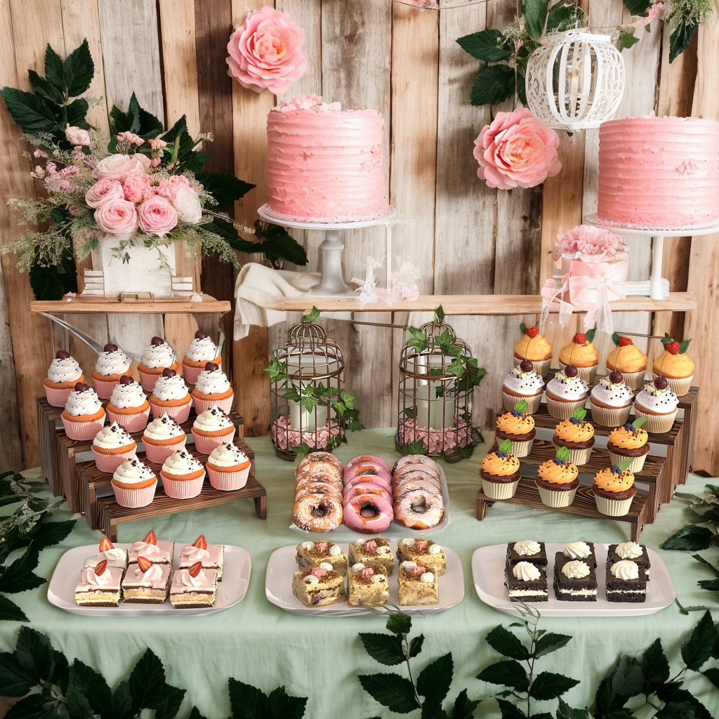 Vecxoty 2 Set Wooden Tiered Risers Display Stands for Vendor Events,Stackable Wooden Cupcake Display Stand,Farmhouse Decor Wood Dessert Table Display Set,Vendor Booth Display Items,Food Display Risers for Party（12-11.2-10.4-9.6IN）