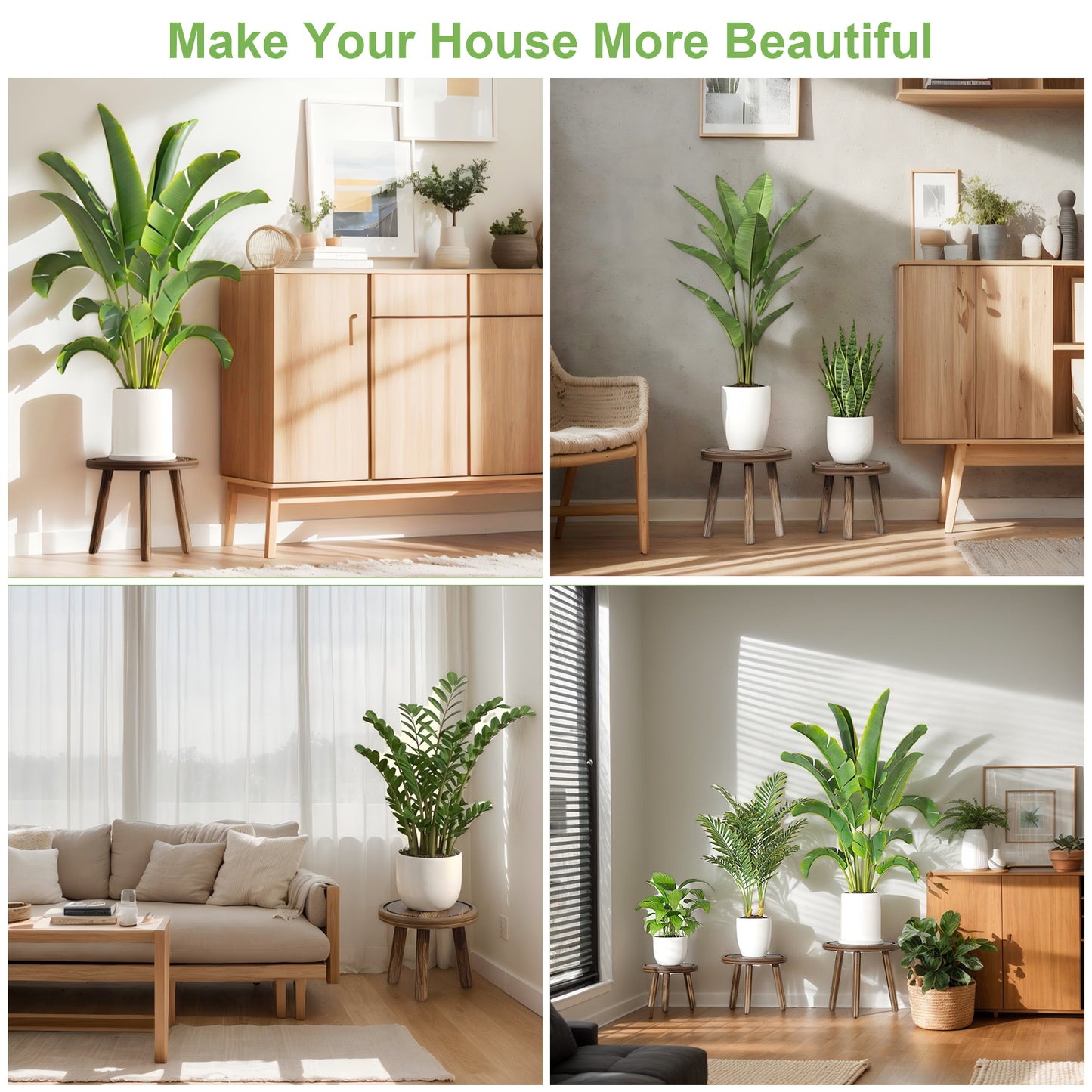 3-Pack Wood Plant Stands Indoor, Single Plant Stand for 6-12 Inch Pots, Mid-Century Modern Plant Stool, Tall Plant Stand for Large Plants for Living Room, Balcony, Office