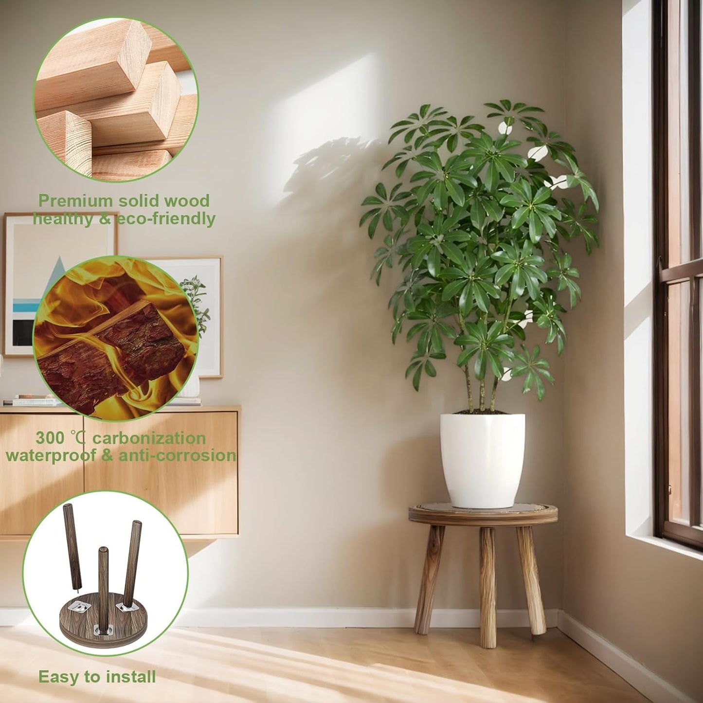 WooOrganix 3-Pack Indoor Plant Stands for 6-12 inch Pots, Mid Century Modern Wood Plant Stool, Tall Plant Stand for Living Room, Balcony