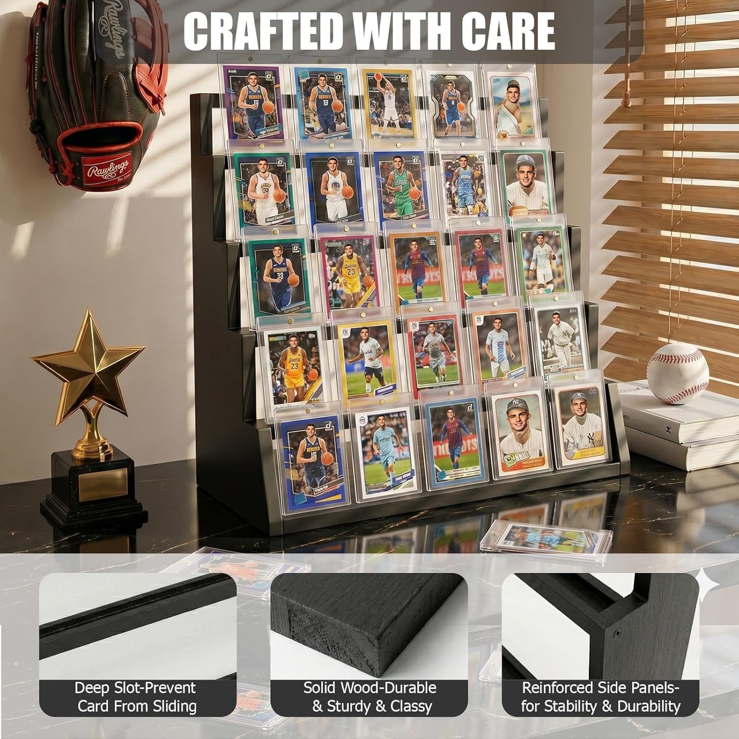 WooOrganix 5-Tier Wooden Card Display Stand, Vertical Card Holders for Graded PSA BGS SGC and CGC Collectibles