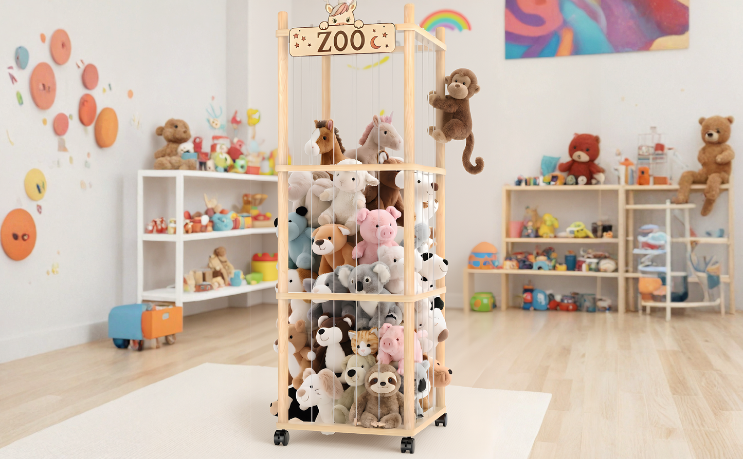 Stuffed Animal Storage Zoo Tower,56In Wooden Large Stuffed Animal Holder Organizer with Wheels,Stuffy Plushies Storage with Elastic Band&Mesh Bottom,Toy Storage Organizers for Playroom Bedroom Nursery
