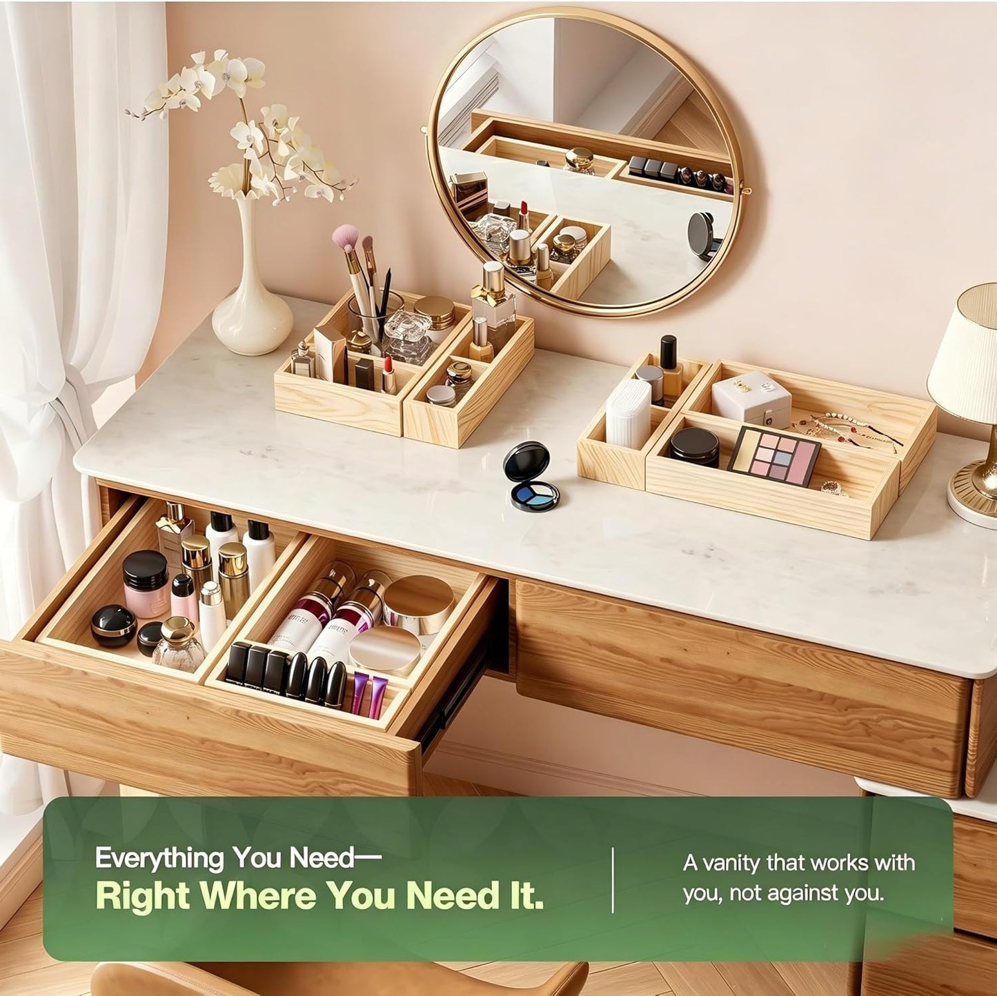 9-Pack Solid Wood Drawer Organizer, Modular Junk Drawer Organizer with Non-Slip Pad, Multi-Use Storage for Kitchen Office Bedroom Dresser for Utensil Stationery Makeup Stationery Tea & Coffee Pod