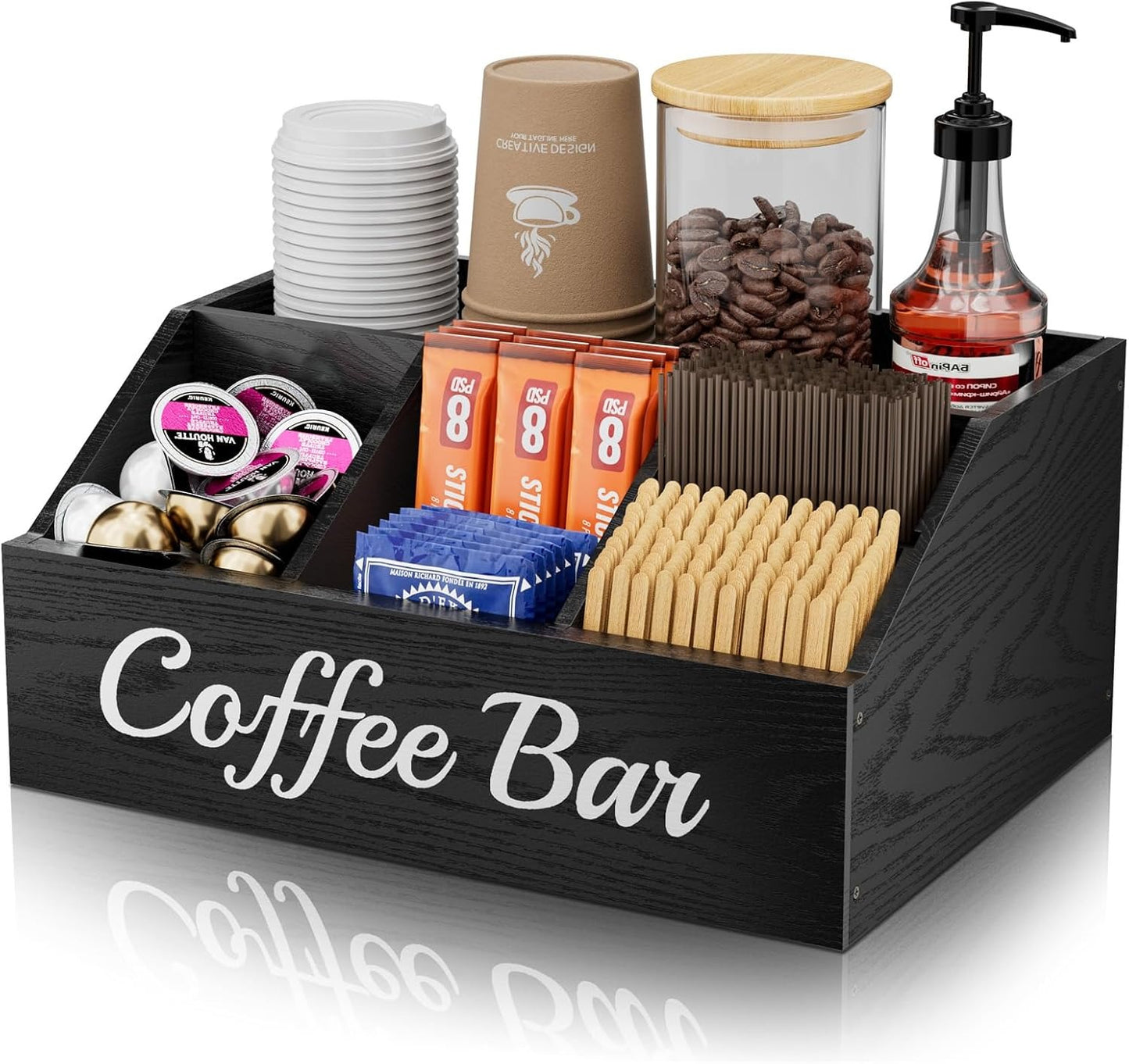 Coffee Station Organizer for Countertop – Wooden Coffee Bar Organizer with Adjustable Dividers,Holds K Cup Pod & syrup bottles, for Kitchen, Office, or Bar and Tea Station, Black