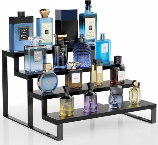WooOrganix 12 inch 4-Tier Cologne Organizer for Men, Waterproof Wooden Perfume Stand with Non-Slip Pads, Tiered  Display Riser for Perfume and  Figures