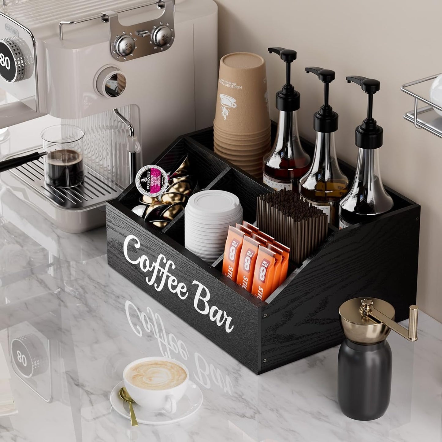 Coffee Station Organizer for Countertop – Wooden Coffee Bar Organizer with Adjustable Dividers,Holds K Cup Pod & syrup bottles, for Kitchen, Office, or Bar and Tea Station, Black
