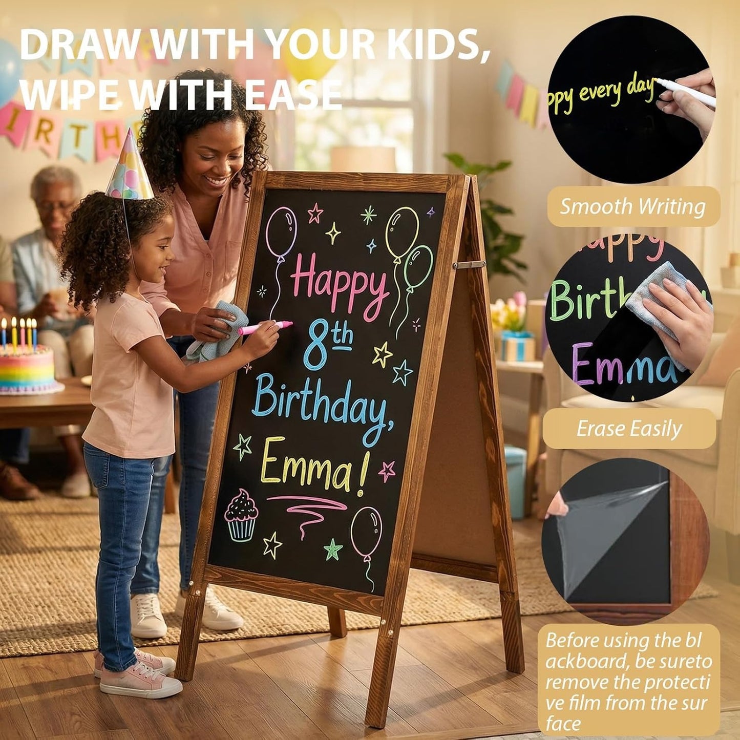 Double-Sided A-Frame Chalkboard Sign 40x20, Magnetic Sidewalk Sign with Solid Pine Wood Frame, Large Chalkboard Easel Menu Board for Restaurants, Cafes, Weddings & Outdoor Display with Accessories