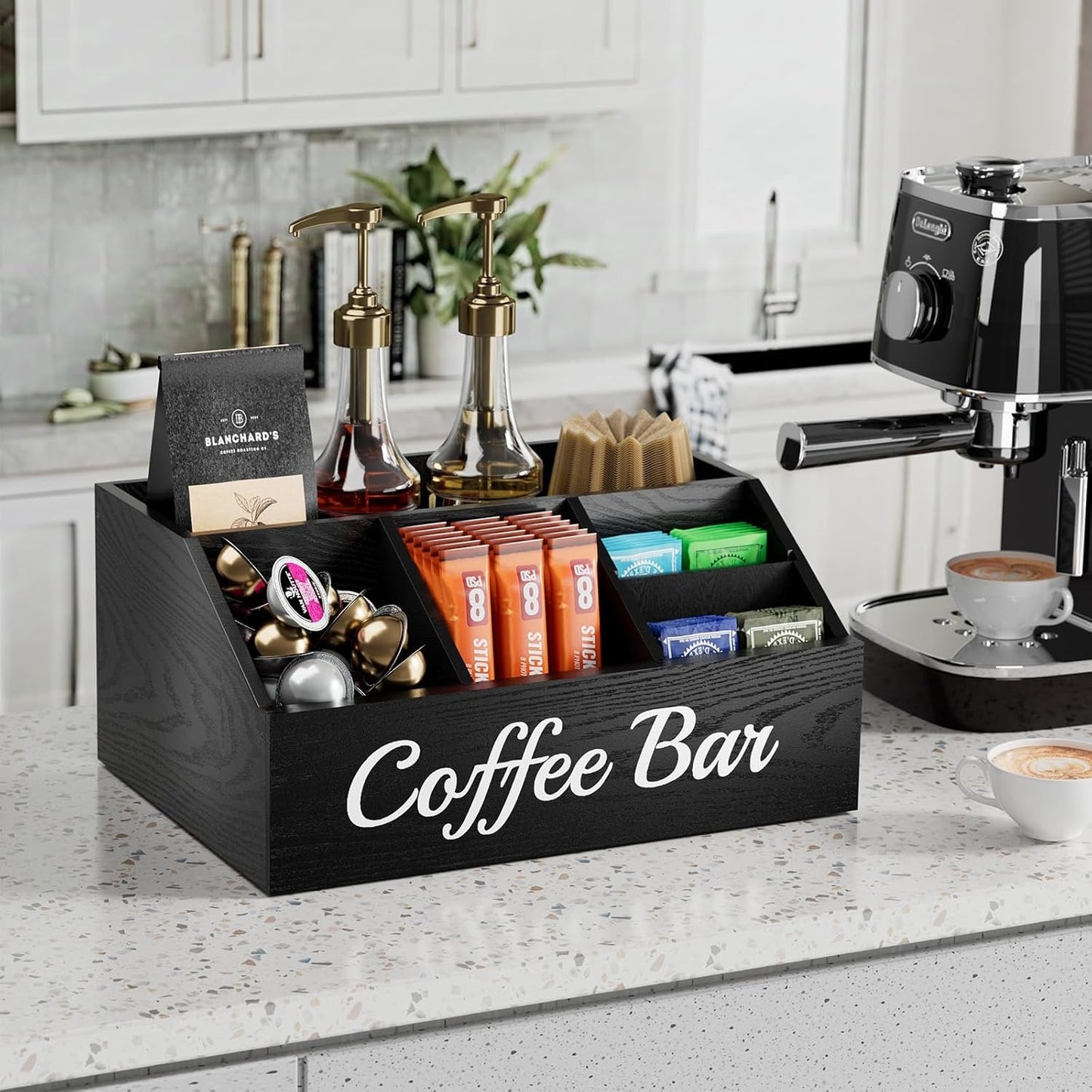 Coffee Station Organizer for Countertop – Wooden Coffee Bar Organizer with Adjustable Dividers,Holds K Cup Pod & syrup bottles, for Kitchen, Office, or Bar and Tea Station, Black