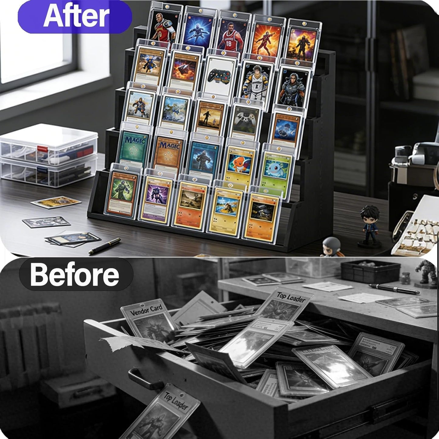 WooOrganix 5-Tier Wooden Card Display Stand, Vertical Card Holders for Graded PSA BGS SGC and CGC Collectibles