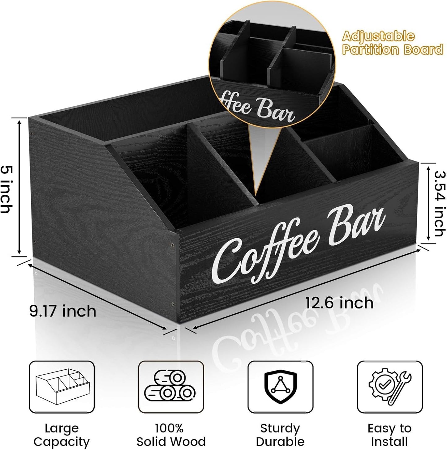 Coffee Station Organizer for Countertop – Wooden Coffee Bar Organizer with Adjustable Dividers,Holds K Cup Pod & syrup bottles, for Kitchen, Office, or Bar and Tea Station, Black