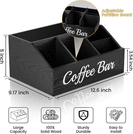 Coffee Station Organizer for Countertop – Wooden Coffee Bar Organizer with Adjustable Dividers,Holds K Cup Pod & syrup bottles, for Kitchen, Office, or Bar and Tea Station, Black