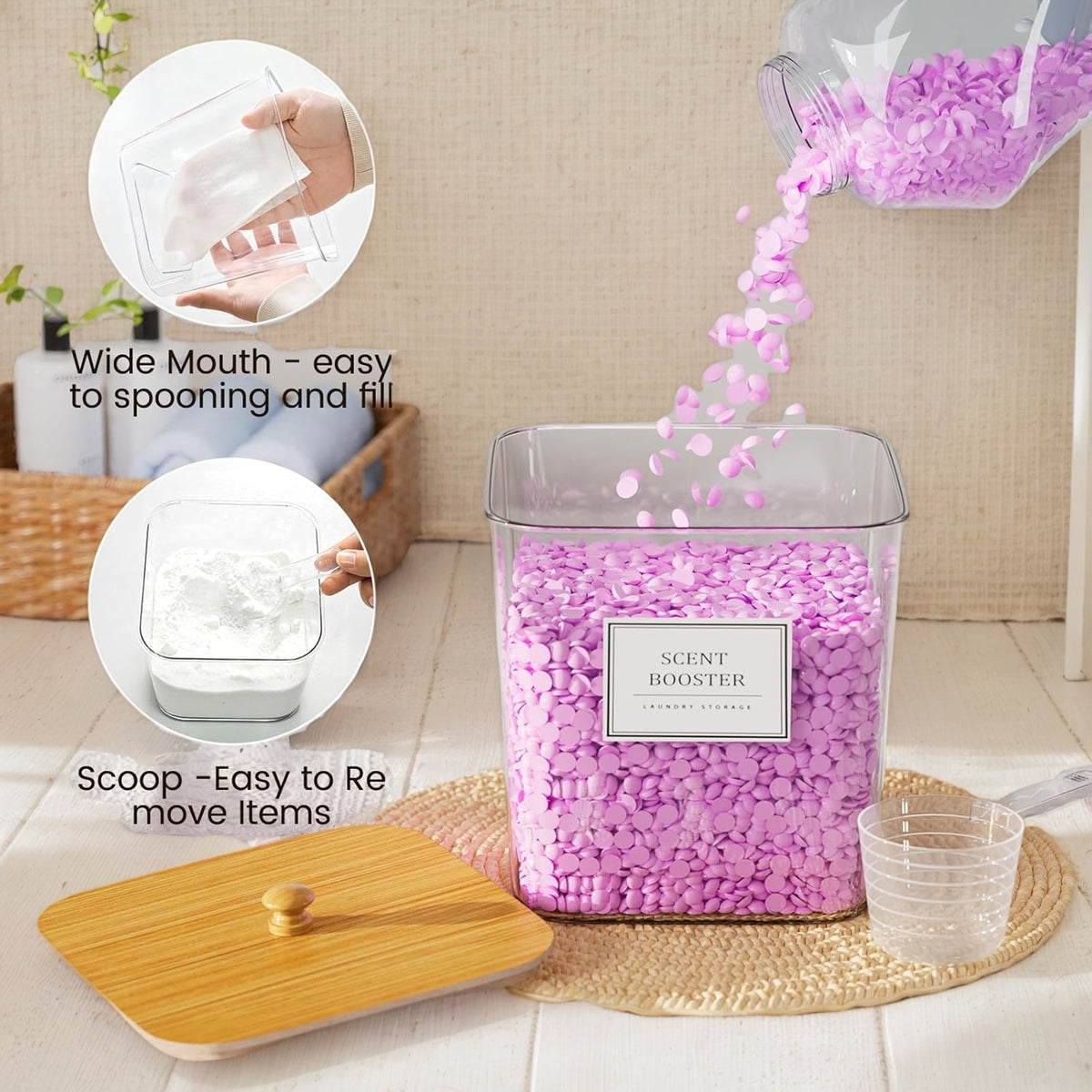 Laundry Pods Storage Container, Clear Laundry Room Organization and Storage,Detergent Powder Container,with Wooden Lids & Labels, 3+1 Pack