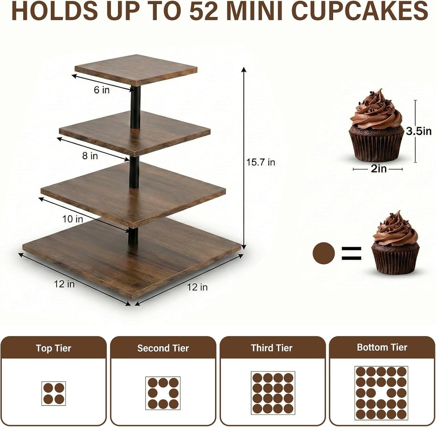 WooOrganix 4 Tier Cupcake Stand for 50 Cupcakes, Wooden Cupcake Tower,Tired Trey Stand for Weddings, Birthdays,Parties Events