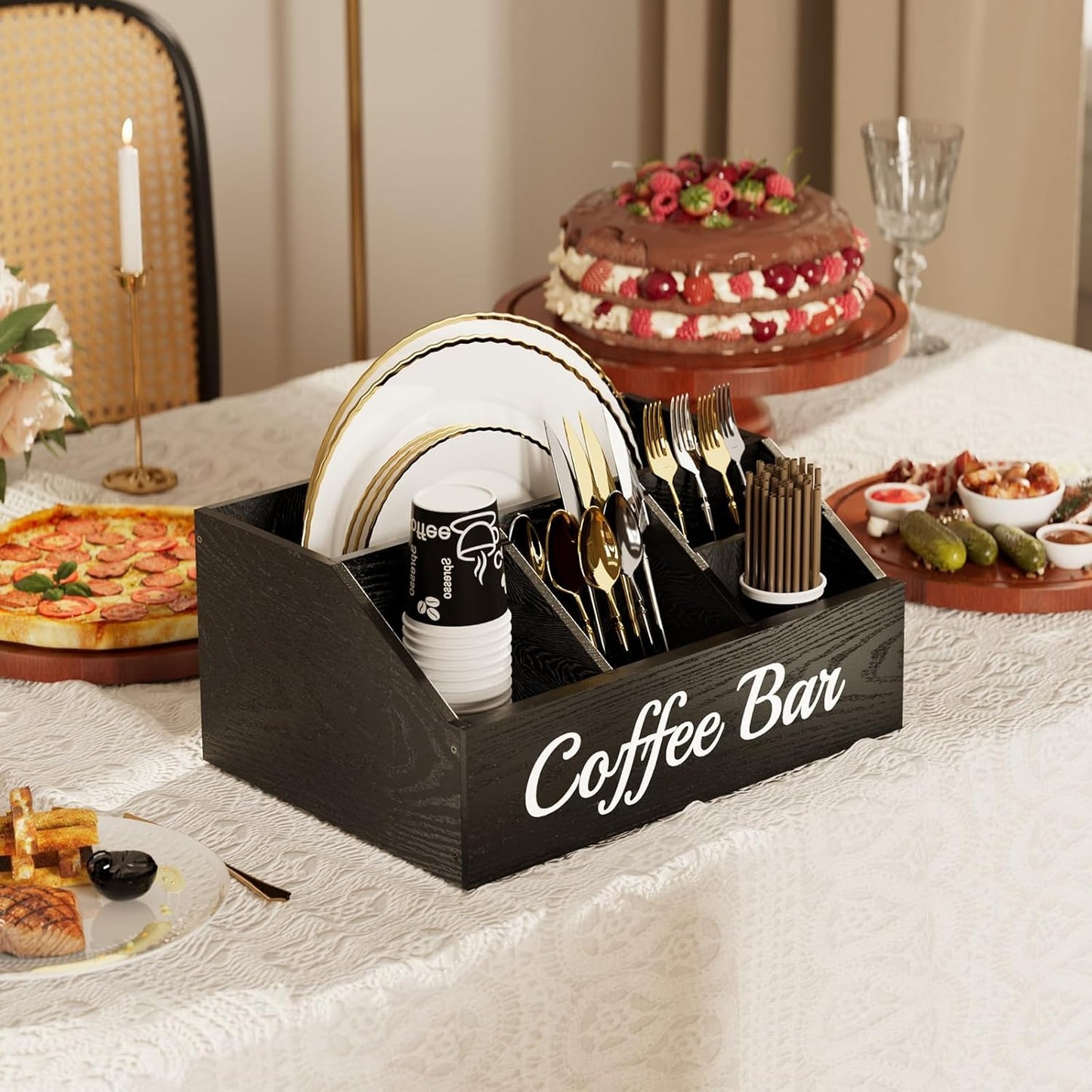 Coffee Station Organizer for Countertop – Wooden Coffee Bar Organizer with Adjustable Dividers,Holds K Cup Pod & syrup bottles, for Kitchen, Office, or Bar and Tea Station, Black