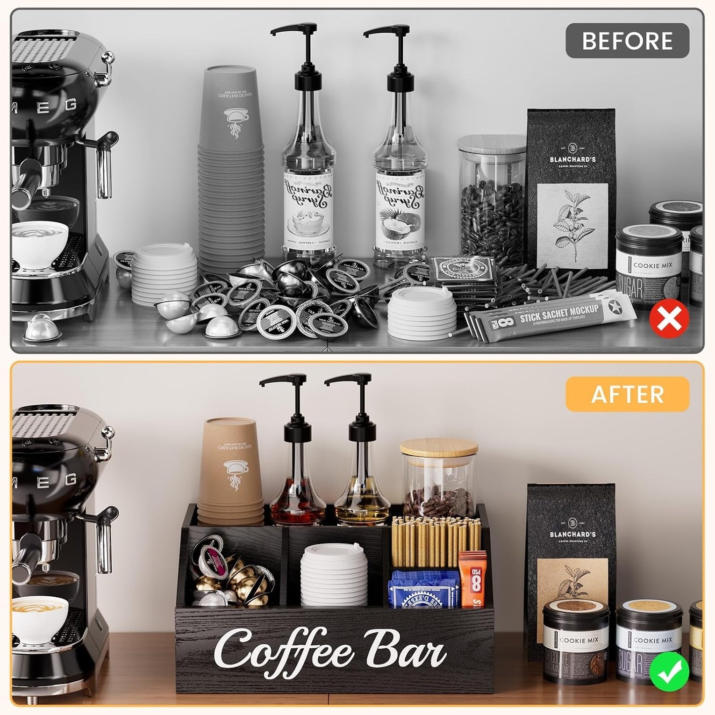 Coffee Station Organizer for Countertop – Wooden Coffee Bar Organizer with Adjustable Dividers,Holds K Cup Pod & syrup bottles, for Kitchen, Office, or Bar and Tea Station, Black