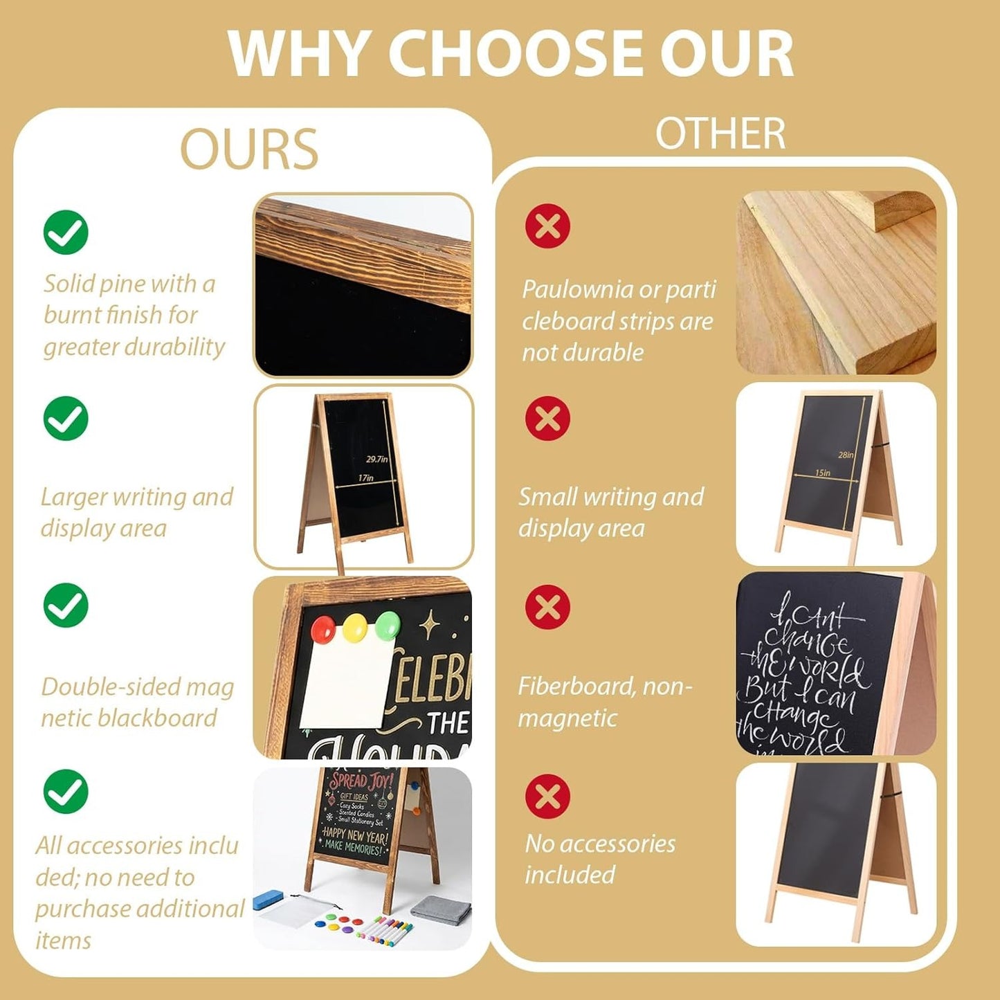 Double-Sided A-Frame Chalkboard Sign 40x20, Magnetic Sidewalk Sign with Solid Pine Wood Frame, Large Chalkboard Easel Menu Board for Restaurants, Cafes, Weddings & Outdoor Display with Accessories