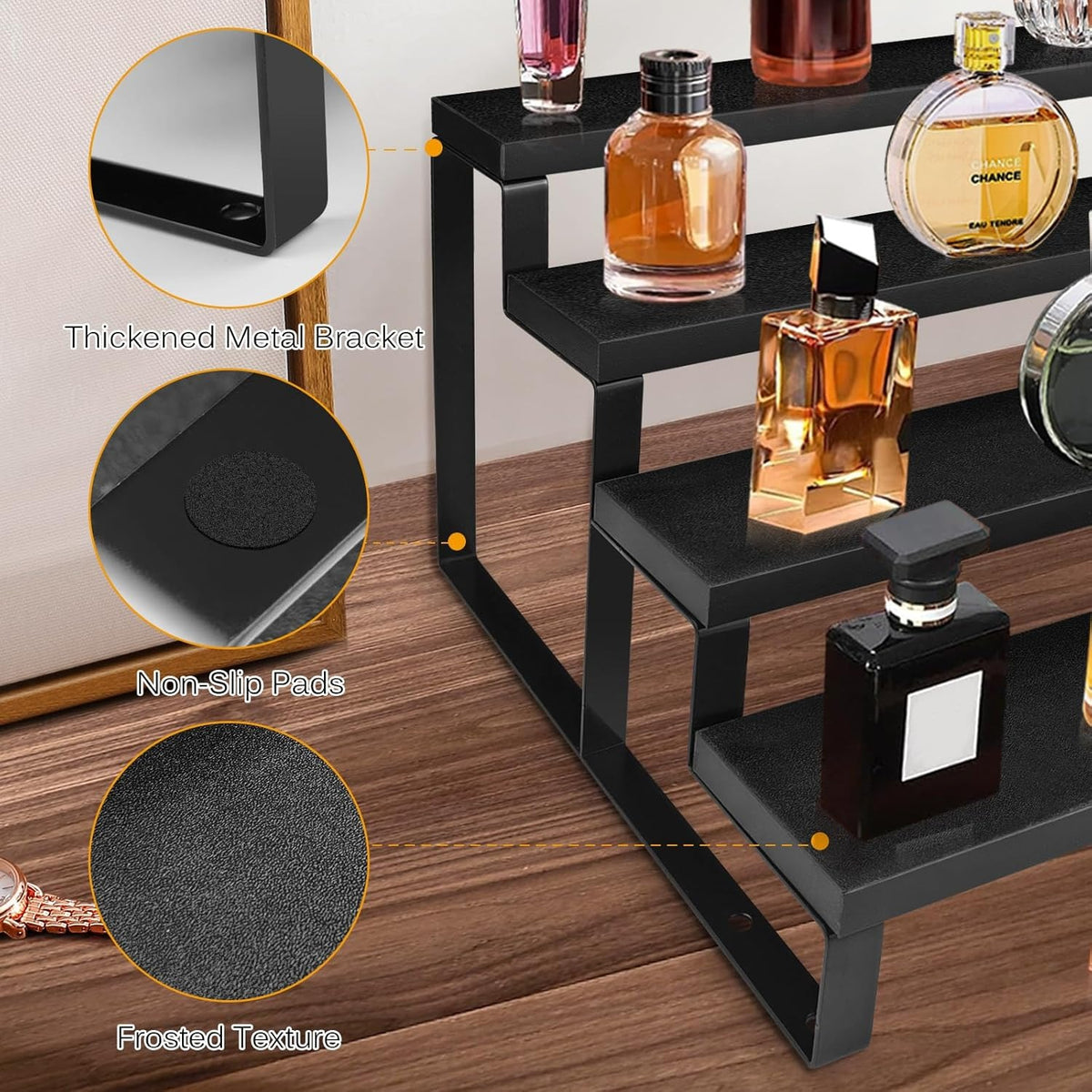 WooOrganix 12 inch 4-Tier Cologne Organizer for Men, Waterproof Wooden Perfume Stand with Non-Slip Pads, Tiered  Display Riser for Perfume and  Figures