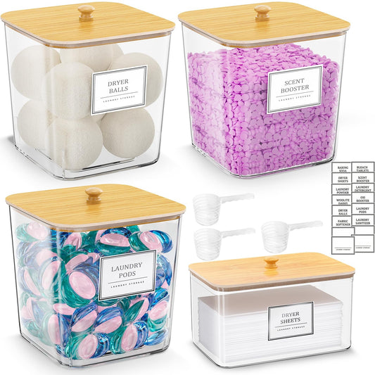 Laundry Pods Storage Container, Clear Laundry Room Organization and Storage,Detergent Powder Container,with Wooden Lids & Labels, 3+1 Pack