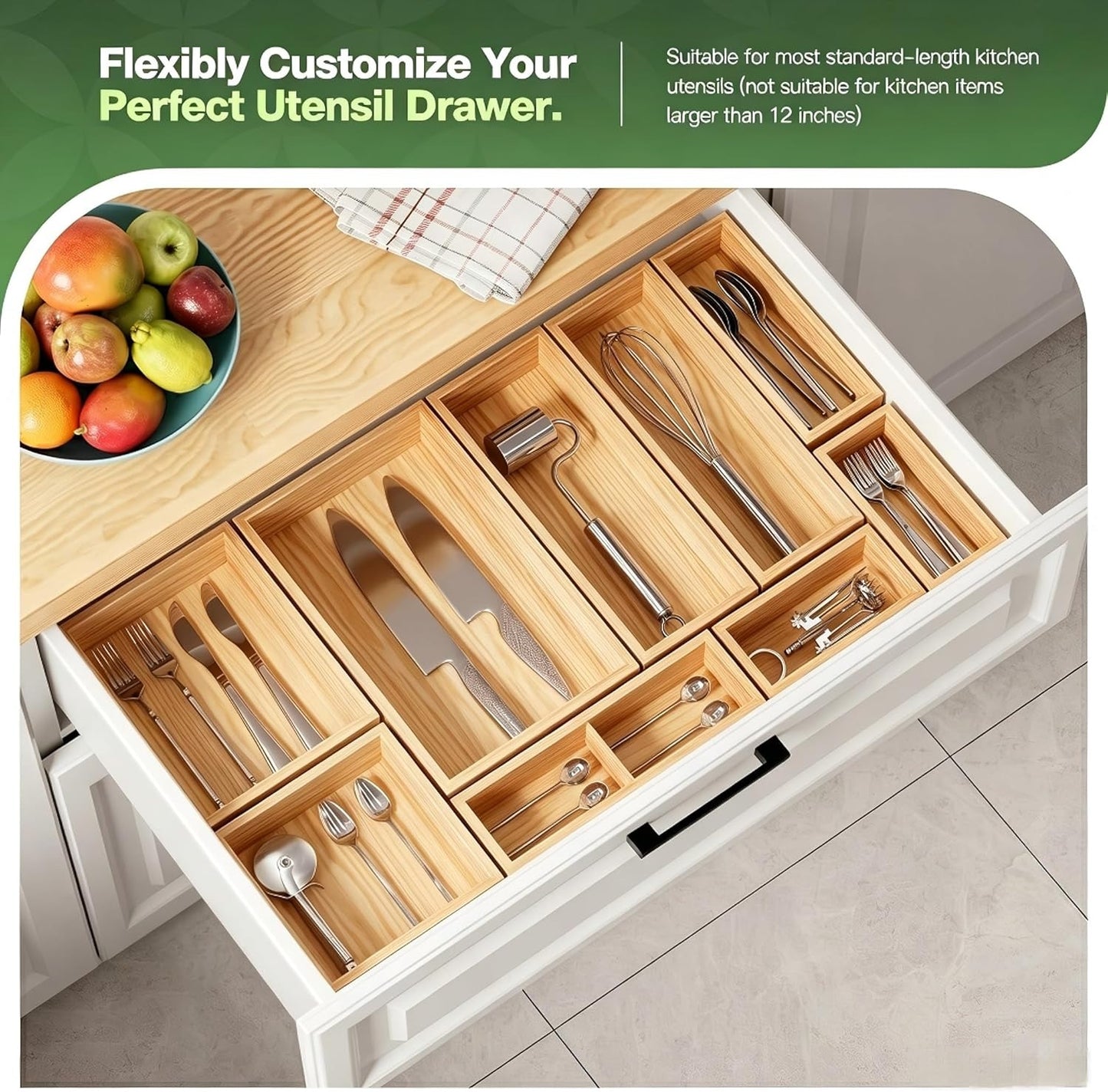 9-Pack Solid Wood Drawer Organizer, Modular Junk Drawer Organizer with Non-Slip Pad, Multi-Use Storage for Kitchen Office Bedroom Dresser for Utensil Stationery Makeup Stationery Tea & Coffee Pod