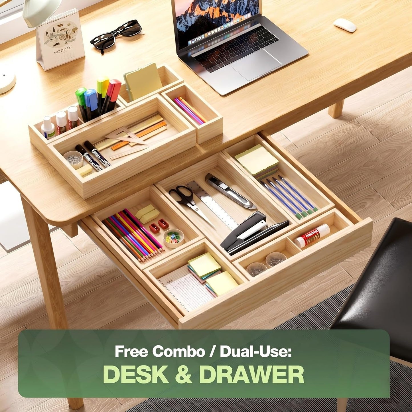 9-Pack Solid Wood Drawer Organizer, Modular Junk Drawer Organizer with Non-Slip Pad, Multi-Use Storage for Kitchen Office Bedroom Dresser for Utensil Stationery Makeup Stationery Tea & Coffee Pod
