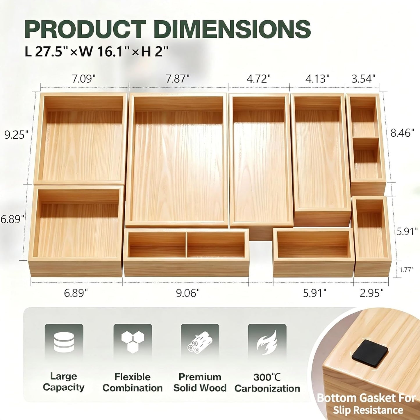 9-Pack Solid Wood Drawer Organizer, Modular Junk Drawer Organizer with Non-Slip Pad, Multi-Use Storage for Kitchen Office Bedroom Dresser for Utensil Stationery Makeup Stationery Tea & Coffee Pod