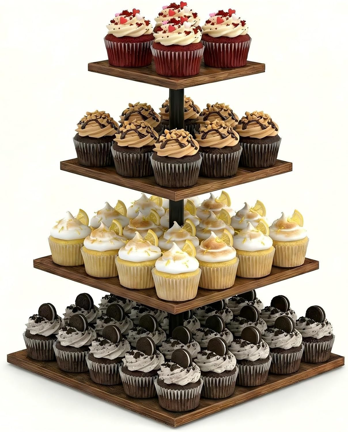 WooOrganix 4 Tier Cupcake Stand for 50 Cupcakes, Wooden Cupcake Tower,Tired Trey Stand for Weddings, Birthdays,Parties Events