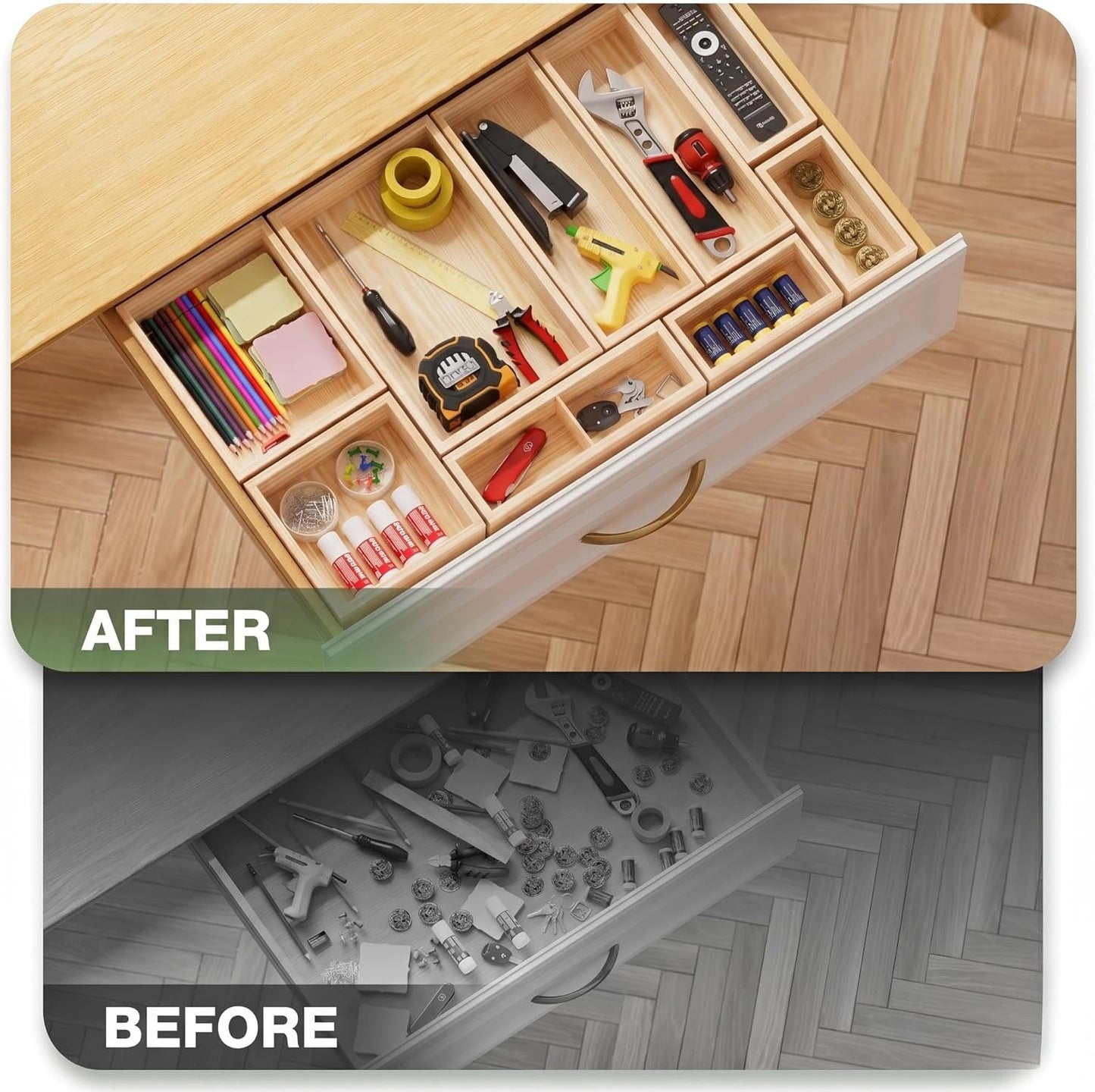 9-Pack Solid Wood Drawer Organizer, Modular Junk Drawer Organizer with Non-Slip Pad, Multi-Use Storage for Kitchen Office Bedroom Dresser for Utensil Stationery Makeup Stationery Tea & Coffee Pod