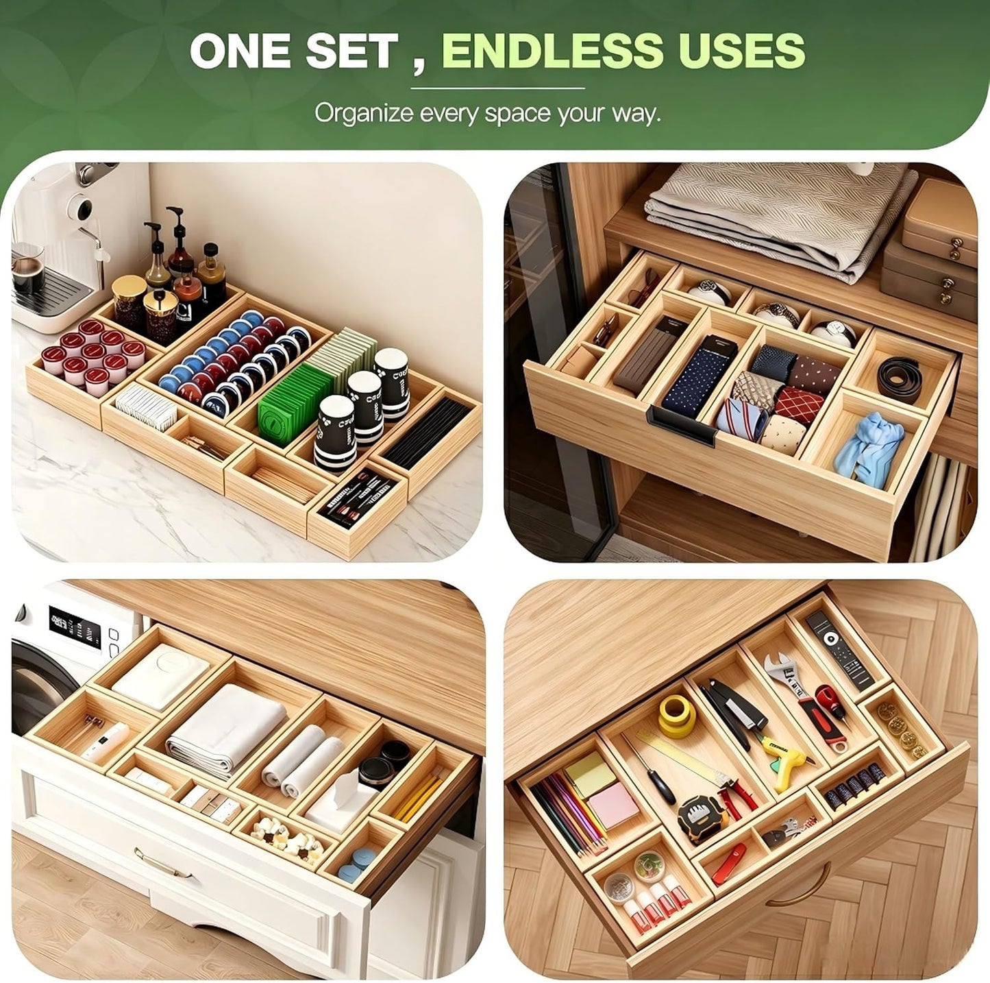 9-Pack Solid Wood Drawer Organizer, Modular Junk Drawer Organizer with Non-Slip Pad, Multi-Use Storage for Kitchen Office Bedroom Dresser for Utensil Stationery Makeup Stationery Tea & Coffee Pod