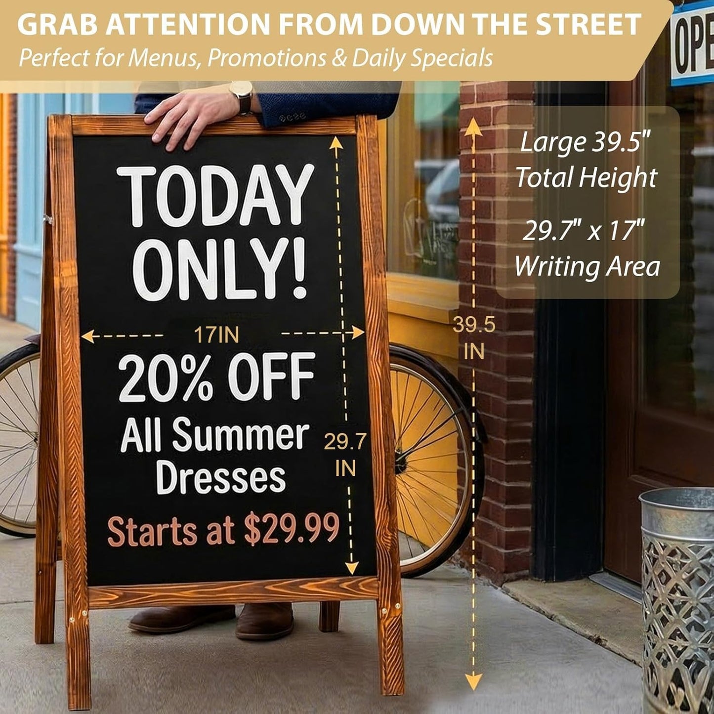 Double-Sided A-Frame Chalkboard Sign 40x20, Magnetic Sidewalk Sign with Solid Pine Wood Frame, Large Chalkboard Easel Menu Board for Restaurants, Cafes, Weddings & Outdoor Display with Accessories