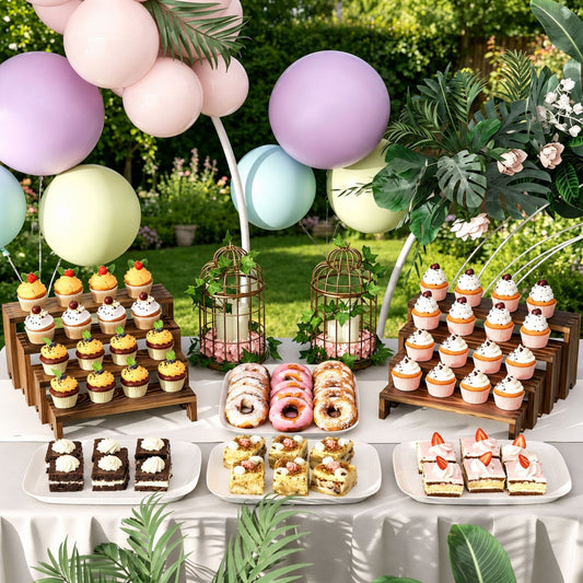 WooOrganix 2 Set Wooden Tiered  Display Risers, Stackable  Cupcake Stand for Dessert Tables, Vendor Booths and Farmhouse Decor