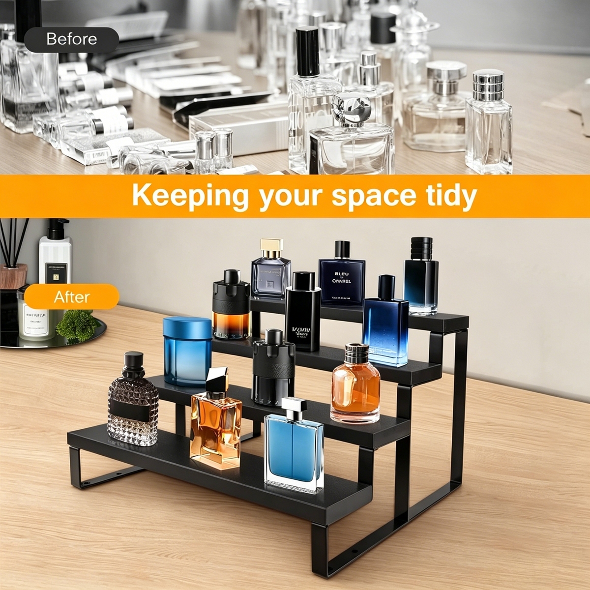 WooOrganix 12 inch 4-Tier Cologne Organizer for Men, Waterproof Wooden Perfume Stand with Non-Slip Pads, Tiered  Display Riser for Perfume and  Figures