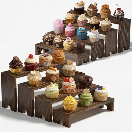 WooOrganix 2 Set Wooden Tiered  Display Risers, Stackable  Cupcake Stand for Dessert Tables, Vendor Booths and Farmhouse Decor