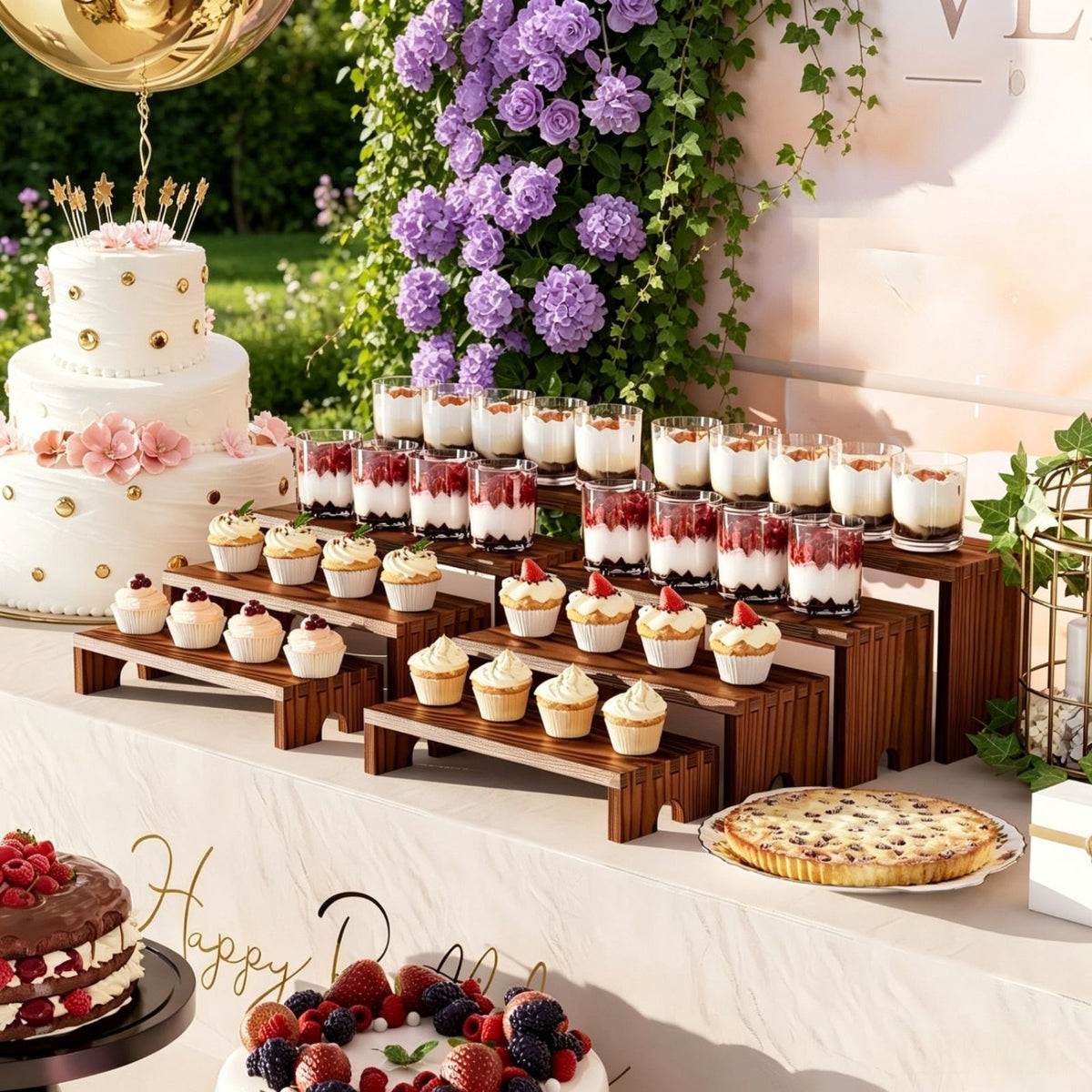 WooOrganix 2 Set Wooden Tiered  Display Risers, Stackable  Cupcake Stand for Dessert Tables, Vendor Booths and Farmhouse Decor